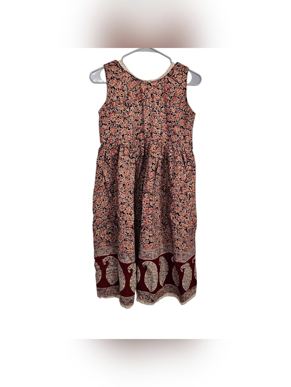 Vintage Paisley Floral Midi Dress Sleeveless Boho Lace Trim Multicolor Pattern - Picture 2 of 5
